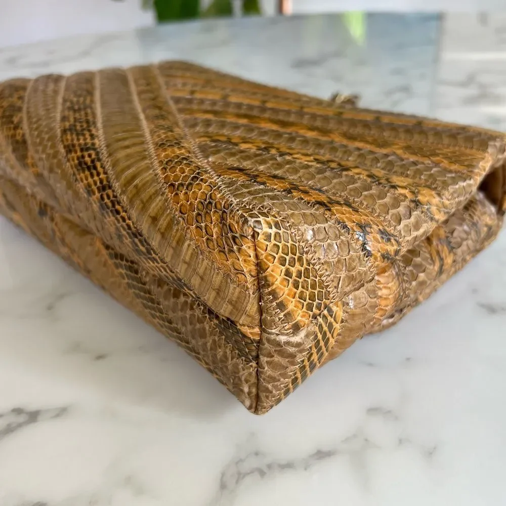 Tory Burch Kira Chevron Exotic Snakeskin Leather Convertible Shoulder Bag Tan
